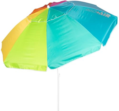 AKTIVE 62403 - Ombrellone da spiaggia anti-vento, 240 cm, 8 stecche in fibra, protezione UV50, inclinabile, ventilazione Max+aria, palo in metallo 28/32 mm, tessuto Oxford 90 g, con copertura
