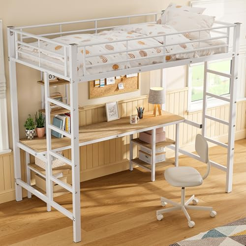 Laxnb Cama Infantile Cama Alta 90x200 cm con Escritorio y Estantes de Almacenamiento, Litera con escaleras a Ambos Lados, Cama Niño Cama Juvenil con Estructura Metálica, Sin Colchón (Blanco)