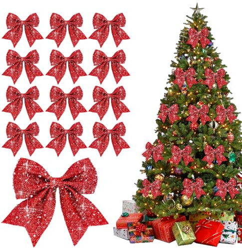FePen Lazos Arbol Navidad, 12 Piezas Adornos Arbol Navidad, Lazos Navidad Purpurina, Adornos Navidad Arbol, para Decorar Familiares Fiestas, Fiestas Navideñas, Bodas (Rojo)