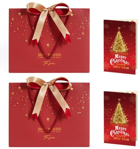GXGM Sacchetti Regalo - 2 Sacchettini Borsa Regali Compleanno in Carta con 2 Carte, Buste Regalo Elegante con Manici per Donne Ragazze Natale San Valentino Festa di Nozze (Rosso)