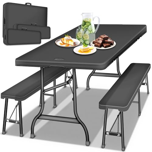 tillvex® Bierzeltgarnitur klappbar 3-teilig Set | Kunststoff Gartengarnitur wetterfest 180 cm | Gartenmöbel Set Indoor & Outdoor mit Gartentisch und Bänken | Festzeltgarnitur Rattan (Anthrazit)