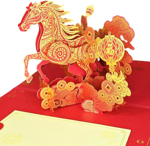 Tarjetas de Año Nuevo Chino 2026, tarjeta desplegable 3D del Año del Caballo, tarjetas de regalo de Año Nuevo chino, tarjetas de Año Nuevo Lunar con sobre, tarjetas de felicitación para festivales de