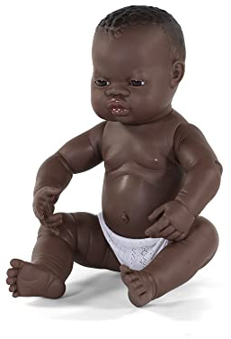 Miniland – Muñeco bebé recién Nacido Africano Niño de Vinilo Suave de 40cm con rasgos étnicos y sexuado para el Aprendizaje de la Diversidad con Suave y Agradable Perfume.