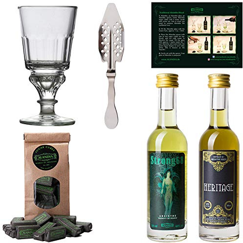 Absinth Starter Set von ALANDIA | Komplett mit original Absinthes (2x 50 ml) | 1x Reservoir Glas | 1x Edelstahl Löffel | 1x Zucker