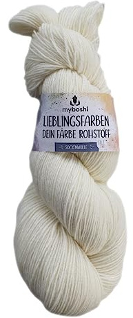 myboshi mysocks Färbestrang, Sockenwolle zum selber Färben, unbehandelt, 75% Schurwolle, 25% Polyamid, 4-fädig, filzfrei, 100g, Ll 420m Weiß, 1 Knäuel