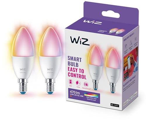 WiZ Lampadina Candela Smart LED WiFi, Luce Bianca e Colorata, E14, 40W, Tecnologia SpaceSense, Controllo Vocale (Alexa, Apple HomeKit, Google Home), confezione da 2