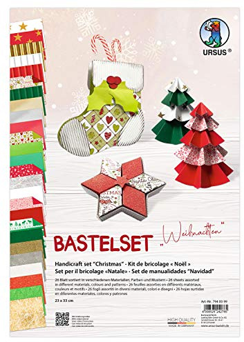Ursus 7940099 - Bastelset Weihnachten, 26 Blatt in verschiedenen Materialien, Farben und Mustern, ca. 23 x 33 cm, zum Basteln von weihnachtlichen Dekorationen, für zahllose Bastelstunden, bunt
