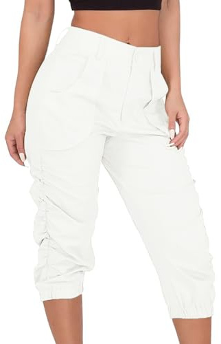 Minetom Femmes Pantalon Capri en Lin Pantalon d'été Plaine Knickerbocker Basics Pantalon Bermuda Blanc S
