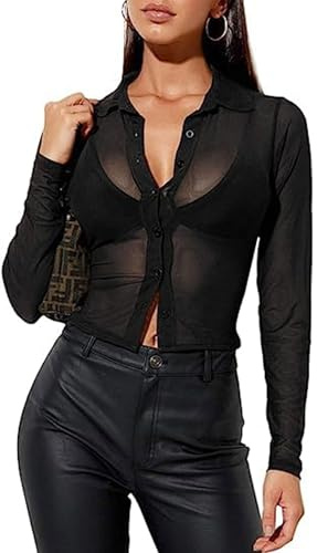 Remidoo Women's Sexy Sheer Mesh Button Down Long Sleeve Crop Top Blouse Shirt Black Large