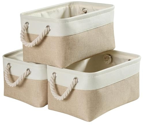 Mangata Fabric Storage Box set of 3, Foldable Fabric Storage Baskets with Handles for Cupboards, Wardrobe, Shelves, Clothes, Toys, Towel, Bathroom(Small, Khaki White)