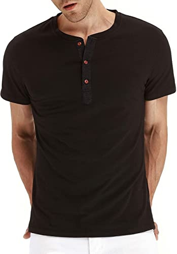 Sailwind Grandad Tshirt Henley Summer T Shirts for Mens Soft Cotton Short Sleeve Tops with Three Button Collar (Black, XL)