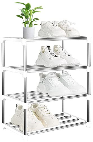 OLYREO Weißes Schuhregal Klein 4 Etagen, Stapelbar Mini-Schuhregal Leichtes Schuhregal, Aufbewahrung, Schuhständer, Organizer für Eingangsbereich, Flur, Schnelle Montage