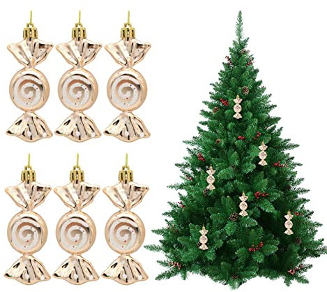 Christmas Tree Ornaments Sets,6PCS Sweet Candy Shaped Christmas Decorations Baubles,Xmas Shiny Plastic Christmas Hanging Pendant for Home Photo Prop Party Decoration (Champagne Gold)