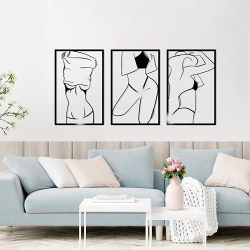 ruelen 3 Stück 40x26cm Wanddekoration aus Metall, Wandskulpturen zum Aufhängen, Wasserfest Wandschmuck, Moderne Minimalistische Wandkunst Abstrakte Frau Hausdeko für Heim Flur Schlafzimmer Badezimmer