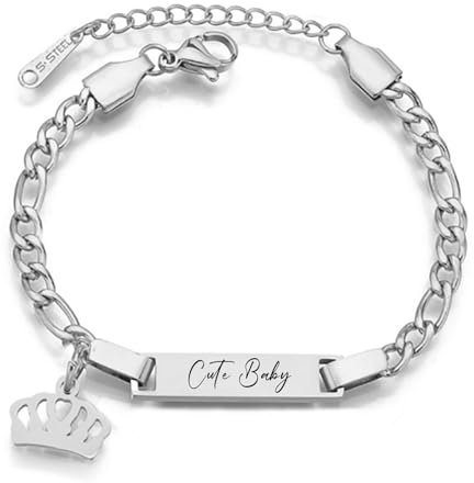 JewelryWe Personligt armband för barn figurkedja: Silver rostfritt stål högglans polerad krona Figaro-kedja barnarmband babyarmband armband med gravyr för pojke flicka baby