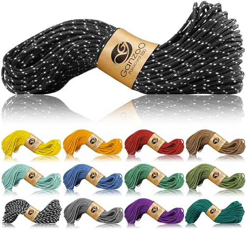 Ganzoo Paracord 350 utomhuslina typ 1, 2,5 mm 30 m, svart reflekterande kärnmantel med nylon/polyester mantel och 100% nylonkärna, för tältavspänning, knyta, armband, hundtillbehör och survival