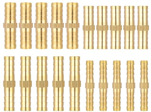 Giantree 20PCS Brass Hose Barb Fitting, 1/4 5/16 3/8 1/2 (6 mm/8 mm/10 mm/12 mm) Barb Splicer Mender Hose Fittings, Brass Hoses Barbs Adapter Barbs Fittings for Air/Fuel/Water/Oil Hoses