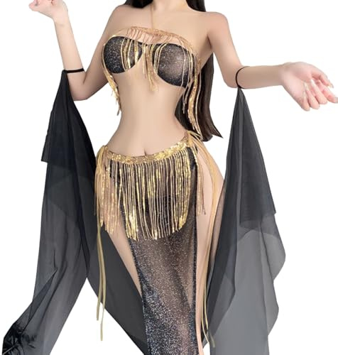 SNOMYRS Sexig rave kostym cosplay fransar paljetter underkläder nätkjol spets bikini set egyptisk Qipao Cheongsam baddräkt, svart