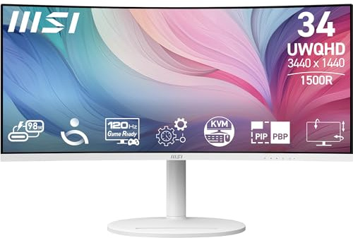 msi Modern MD342CQPW 34in VA 3440 x 1440(UWQHD) Computer Monitor, 120Hz, 1800 Curved, Adaptive-Sync, HDMI, DP, USBC 98W Power Delivery, KVM, Height Adjustable, VESA, Speaker, 1ms, White