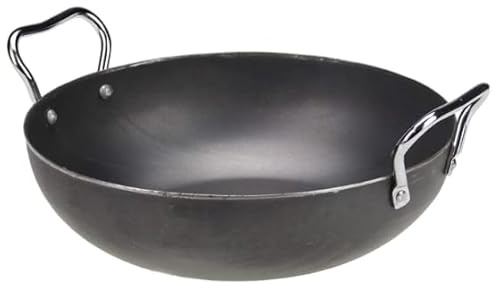 Iron Kadai Deep Frying Pan, 4inch Traditional Indian Wok, Black Metal Cooking Pan with Handles