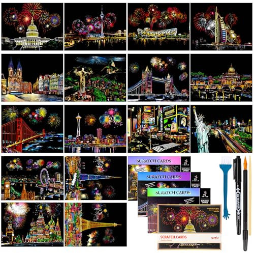 16 Blätter Kratzbilder Erwachsene, Kratzpapier A4 mit 4 Werkzeugen, 29 x 21cm Stadt-Serie Scratch Art, Regenbogen Kratzmalerei für Erwachsene und Kinder DIY-Handwerk
