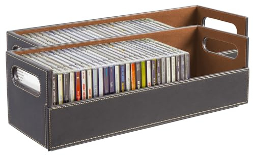 Stock Your Home 2- Pack CD Storage Box, Organizer Shelf for Movie Cases, DVDs, Cassette Tape Display Stand, Disc Holder Can Store Up to 40 CDs, Faux Leather (Brown)