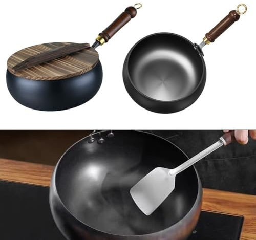 Sartén de hierro forjado a mano con diseño de vientre grande para un rendimiento culinario excepcional (1800 ml))