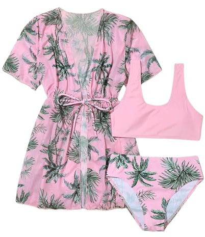 Girls Swimming Costume 3 Piece Swimsuits Thick Strap Tankini Set with Cover Up Girls Tropical Printed Bikini Set Swimming Suit for Summer Beach Holiday Beachswear Age 8-12 Years (11-12 Years) Pink