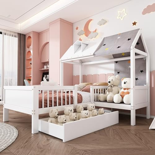 TOBIDOEN Cama infantil de 90 x 200 cm con tela de tienda, cojines y cajones inferiores, cama de madera maciza con espacio de almacenamiento y somier, cama multifunción, sin colchón, blanco A