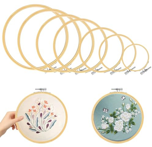 7 Pcs Bamboo Embroidery Hoops Adjustable Cross Stitch Hoops, 8/10/13/16/18/20cm Round Wooden Embroidery Hoop Circle Frame Rings for Hand Sewing Arts and Crafts Cross Stitch Accessories