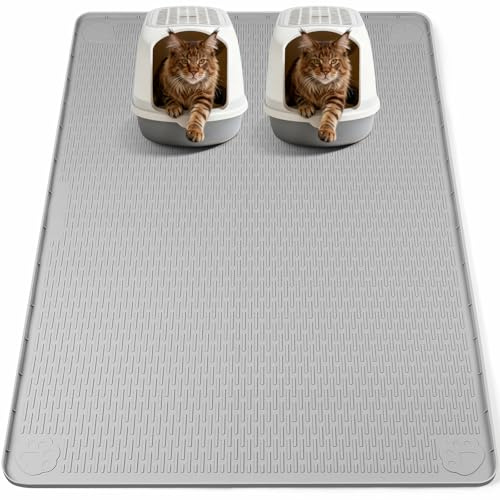 Bartuke Tapis de litière en silicone pour chat, extra large, 145 x 101 cm, tapis de piège à litière pour contrôle de la dispersion, doux pour les pattes de chaton, facile à nettoyer (gris clair)