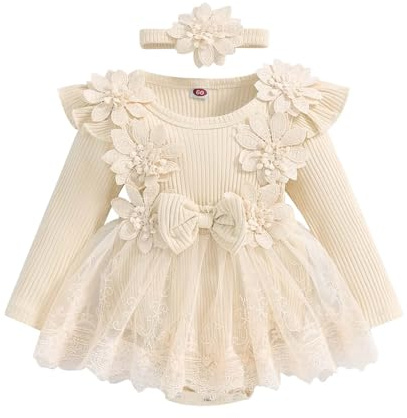 Generisch Bebé Niña Manga Larga Floral Mameluco Recién Nacido Encaje Bodis Vestido Diademas Set