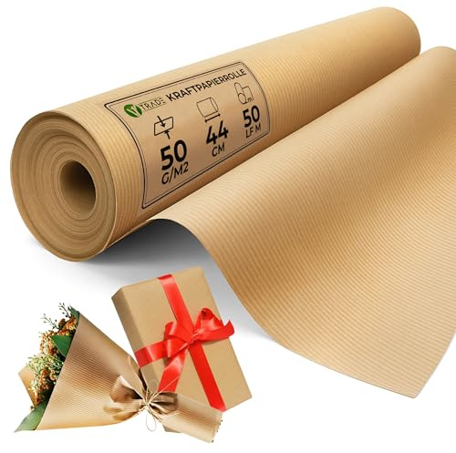 V1 Trade Carta Kraft Rotolo 50g/m² – Carta Imballaggio Pacchi – Carta Regalo Kraft – Rotolo Carta Kraft 44cm x 50m – Per Imballaggio, DIY e Riciclo