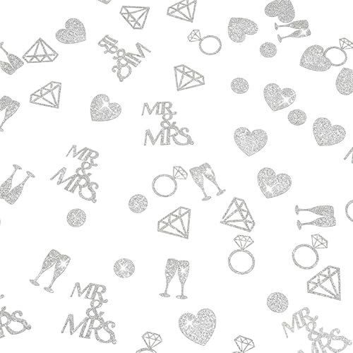 300 st Bröllopskonfetti, Glittrigt Silver Bordsdekorationer med Mr & Mrs och Diamantring, Bordsströssel för Förlovning, Möhippa, Bröllop och Alla hjärtans dag