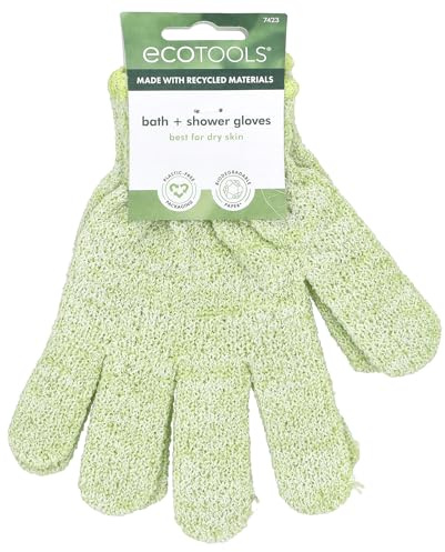 EcoTools Bath & Shower Gloves, Recycled Netting, Exfoliating, Gentle Cleansing for Whole Body, Fits All Hands, Green, 1 Pair