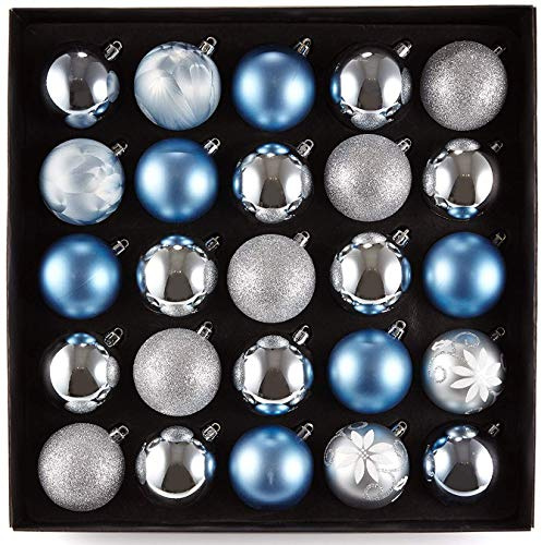 HEITMANN DECO 25er Set Christbaumkugeln Sortiment - Weihnachtsschmuck blau Silber zum Aufhängen - Kunststoffkugel Sortiment, 34.3 x 34.3 x 6 cm