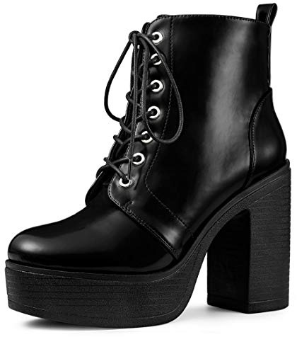 Allegra K Bottes de Combat à Lacets et Talons Hauts épais pour Femmes Noir 41