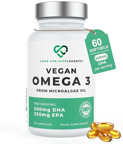 Vegan Omega-3 500mg DHA & 250mg EPA per Serving – 60 Algae Oil Softgels (Carrageenan Free) – High Strength Plant-Based Omega 3 – Polaris Omegavie® with Qualitysilver® – Heart, Brain & Eye Support