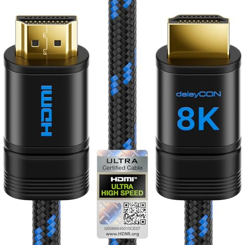 deleyCON 1m 8K HDMI 2.1b Kabel (48G, ULTRA Highspeed) Zertifiziert, 8K@60Hz 4K@144Hz 120Hz 2K@144Hz/165Hz eARC HDCP 2.3/2.2 - für DTS:X HDR Dolby Atmos TV PS5 Xbox Soundbar Monitor