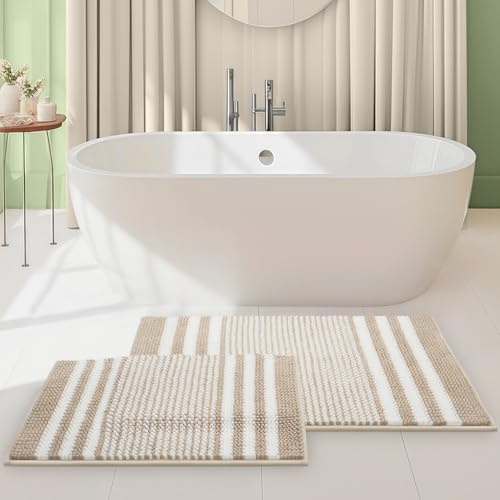 Tindbea Bathroom Rugs Set 2 Piece, Extra Soft and Absorbent Fluffy Striped Chenille Bath Mat Rug Set, Non Slip Bathroom Floor Mat, Machine Washable (20 x 32 Plus 16 x 24, Khaki)