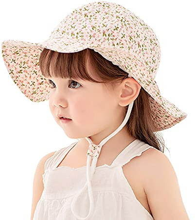 Uniyoung Baby Girls Sun Hat Toddler Kids Floral Summer Wide Brim UV Protection Beach Cap Outdoor Cotton Bucket Hat with Adjustable Chin Strap (Pink, 6-12 Months)