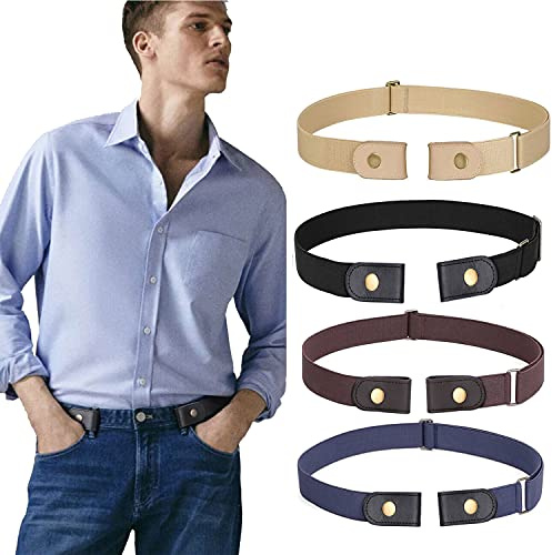 WERFORU 4 Pieces Men's No Buckle Belts Buckle Free Belt No Show Elastic Belts Durable Adjustable Invisible Waist Belt Buckless Stretch Belt Black/Coffee/Blue/Yellow