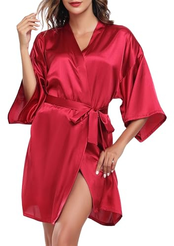 Wikoan Women's Satin Dressing Gown, Soft Silk Robe Lightweight Sleepwear for Bridal, Wedding Party Robes with Oblique V-Neck,S,Wine Red