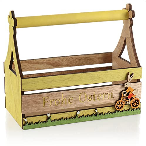 com-four® Holzbox für Ostern - kleine Werkzeugkiste als Osterdekoration - Körbchen zum Verschenken - Oster-Deko (1 Stück - Kasten - gelb)