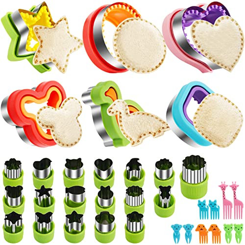 Uncrustable Sandwich Cutters Set 34pcs, 6pcs Sandwich Cutter and Sealer and 18pcs Fruit Cutter Shapes for Kids with 10pcs Cute Animal Forks, Ideal for School Lunch Boxes and Bento Boxes Boys Girls