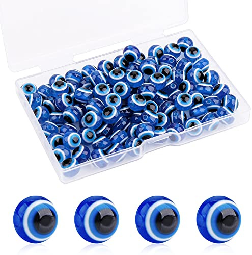 Abeillo 100 cuentas de mal de ojo azul para hacer joyas, dijes de mal de ojo de 10 mm, hechos a mano, cuentas redondas de resina para el mal de ojo, cuentas espaciadoras para pulseras, collares