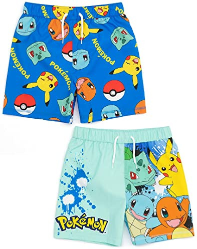 Pokémon Swim Shorts 2 Pack per Ragazzi | Bambini Bambini Blue Squirtle Pikachu Charmander Bulbasaur Pantaloni da Bagno Trunks | Regali di Costumi da Bagno Gamer
