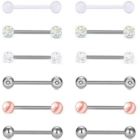 Cupimatch 12 stycken tungpiercing bröstvårtor bröstvårtspiercing rostfritt stål barbell kropp piercing smycke, 12 mm 14 mm 16 mm 18 mm, 12MM, Rostfritt stål