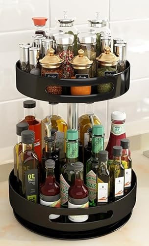 Lazy Susan Organizer - 2-Tier Metal Steel - Height Adjustable, Turntable Spice Rack for Pantry, Cabinet, Cupboard, Table - 2 Tier Black