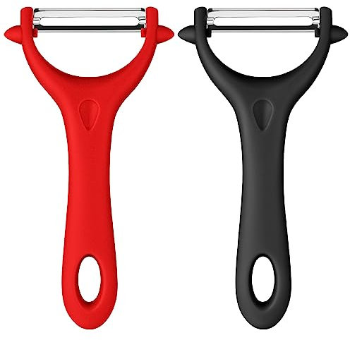 AUAUY 2pz Pelapatate Universale, Pela Verdure, Sbucciatore Manuale, Pelapatate Girevole, Lame Affilate in Acciaio Inossidabile, Sbucciatore Impugnatura Ergonomica per Frutta e Verdura（Nero, Rosso）